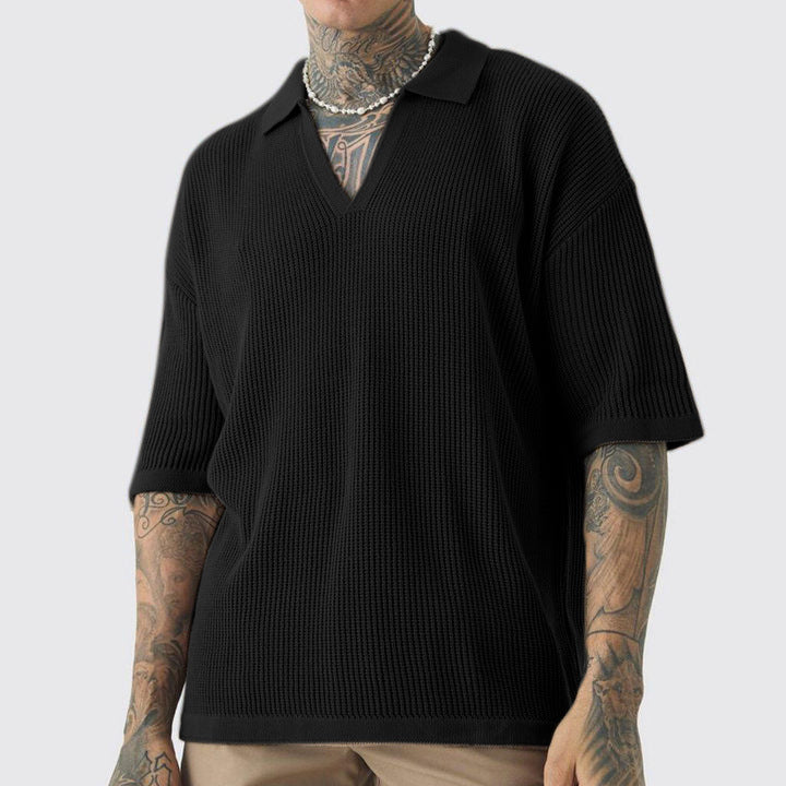 Men's Shirt with Short Sleeves – Relaxed Fit – V-neck with Collar – Soft Knit