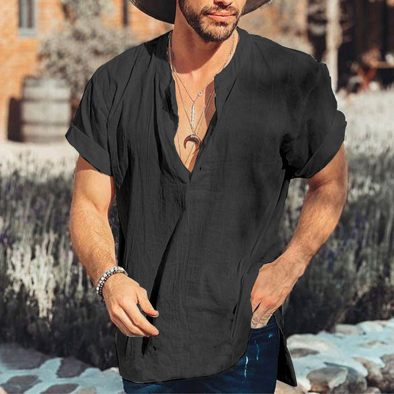 Men's Shirt – Relaxed Fit – Short Sleeve – V-Neck – Breathable Natural Material