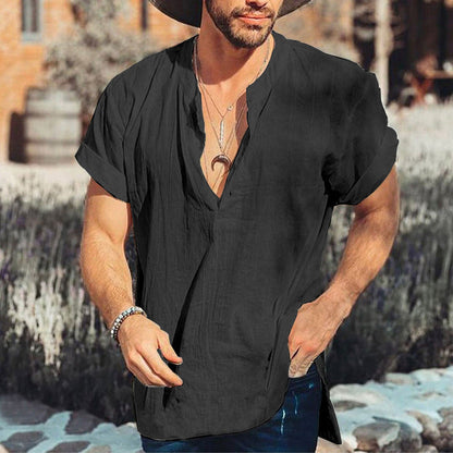 Men's Shirt – Relaxed Fit – Short Sleeve – V-Neck – Breathable Natural Material