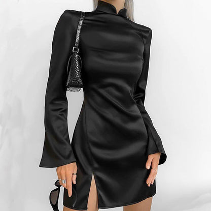 Women's Mini Dress – Satin Fabric – Fitted Fit – Ruffle Sleeves – High Collar