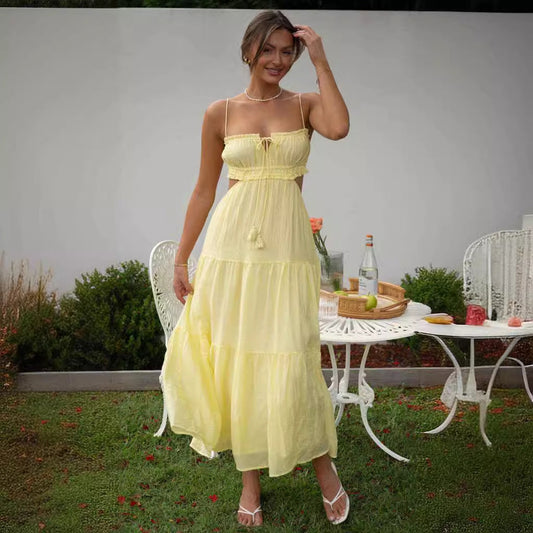 Women's Maxi Dress – Relaxed Fit – Layered Skirt – Cut-Out Sides – Open Back