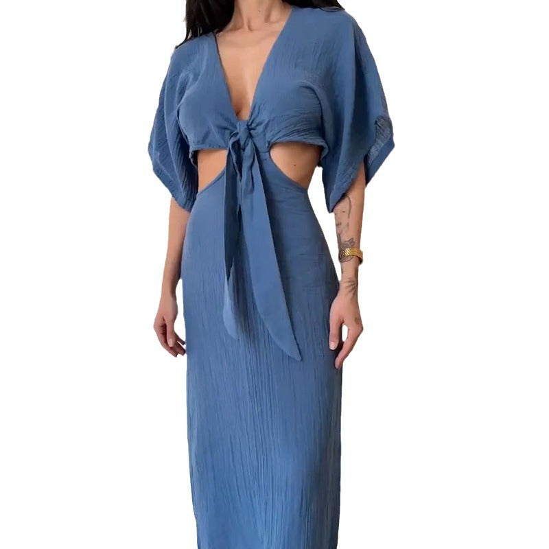 Women's Maxi Dress – Slim Fit – V-Neck – Waist Cutout – Open Back – Short Sleeves