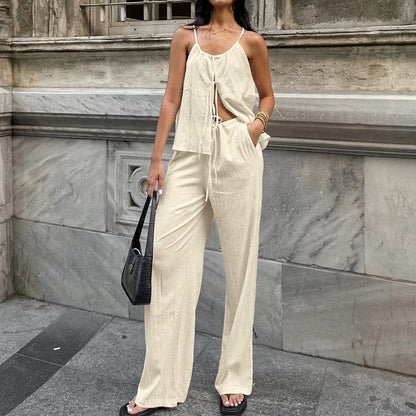 Women's Two-Piece Set – Sleeveless Tie Top with Spaghetti Straps – High-Waisted Wide-Leg Pants