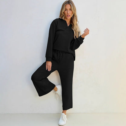 Women's Loungewear Set – Knit Two-piece – Relaxed Fit – Drawstring Waist – Full Length