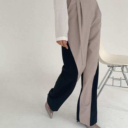 Women's Pants – Wide Leg – High Waist – Belt with Buckle – Color Block Design