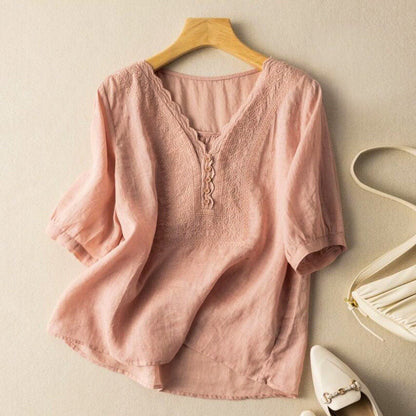 Relaxed Fit Embroidered V-Neck Blouse for Women – Effortless Everyday Elegance