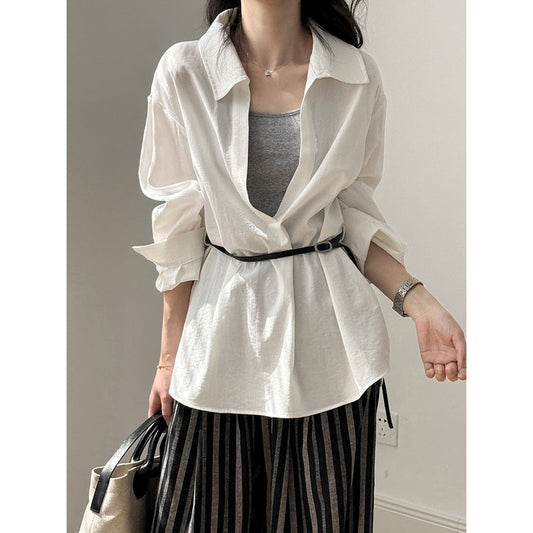 Women's Blouse with Revere Collar – Relaxed Fit – Light Cotton – Tie Belt at Waist