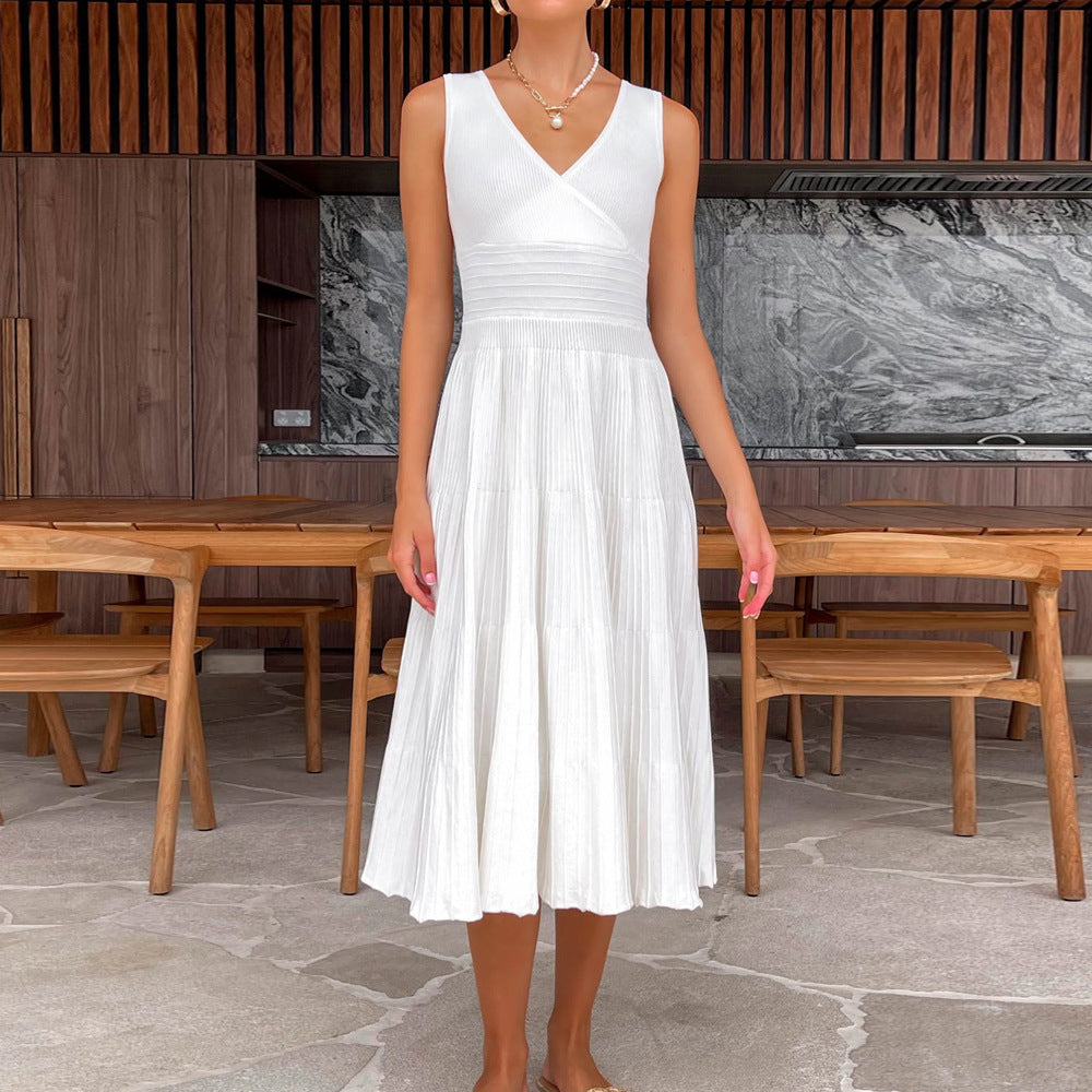 Dress for Women – Midi Length – Sleeveless A-line – V-neck – Soft Knit