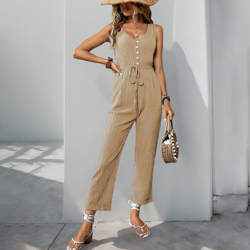Women's Jumpsuit – Textured Fabric – Sleeveless V-neck – Belt at Waist – Button Details