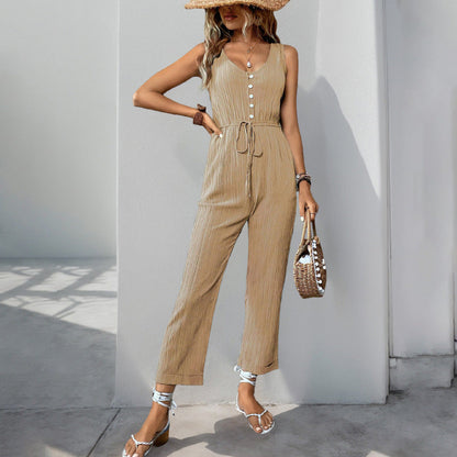 Women's Jumpsuit – Textured Fabric – Sleeveless V-neck – Belt at Waist – Button Details