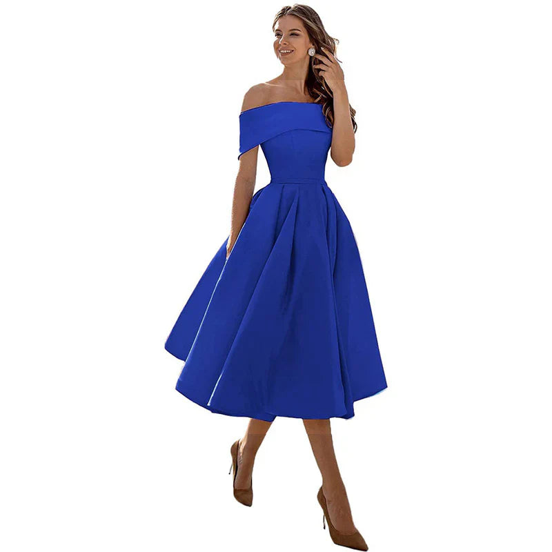 Women's Midi Dress - Elegant Off-Shoulder - Fit & Flare - Formal Party Look