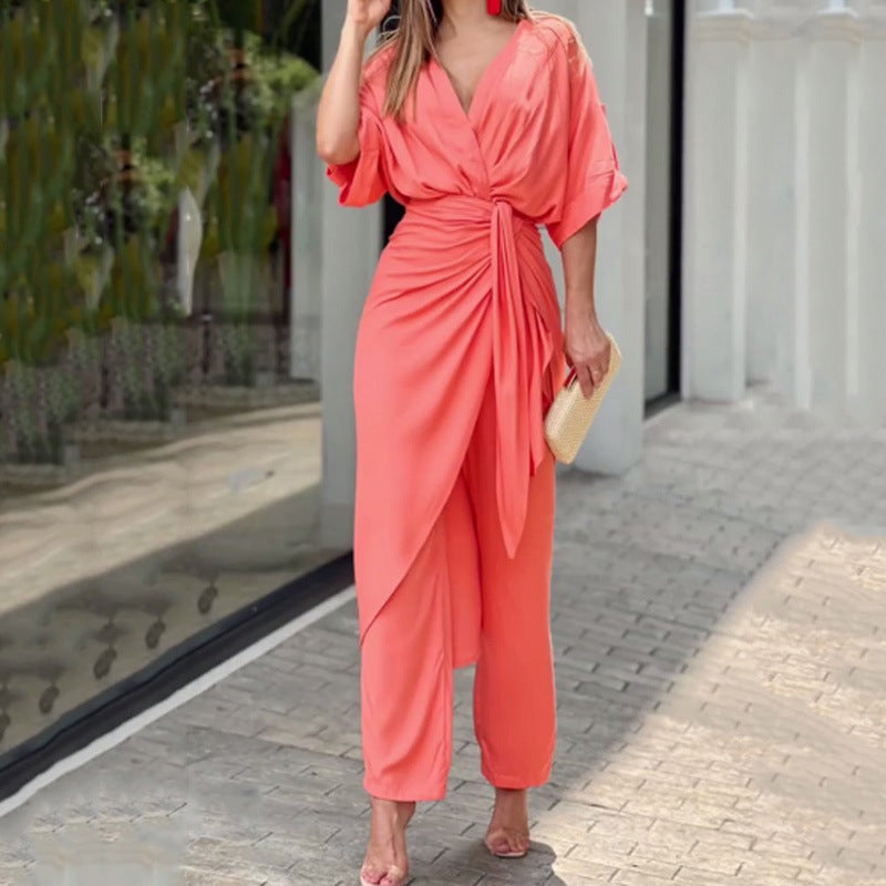 Women's Two-Piece Set – V-Neck Top with Batwing Sleeves – Elegant Relaxed Fit – Wrap Design