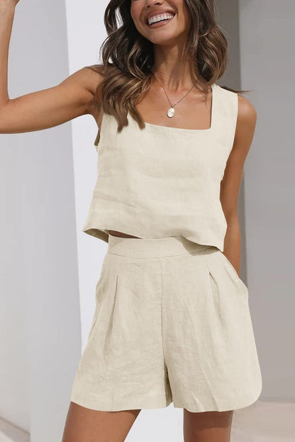 Women's Set – Sleeveless Crop Top and Pleated Shorts – Loose Fit – Linen Blend