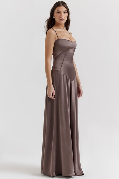 Women's Evening Dress – Satin – A-line Fit – Spaghetti Straps – Cut-out Waist