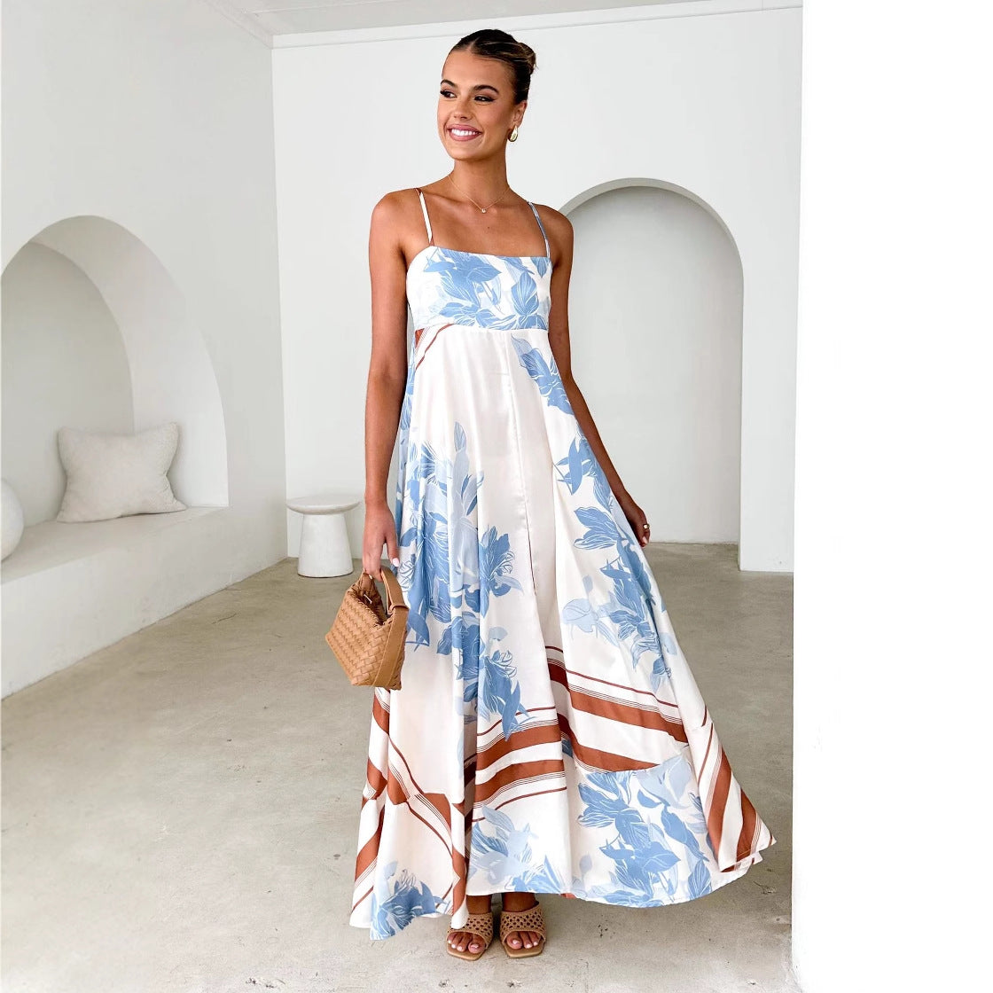 Dress for Women – Maxi A-line – Lightweight – Floral Print – Backless with Straps