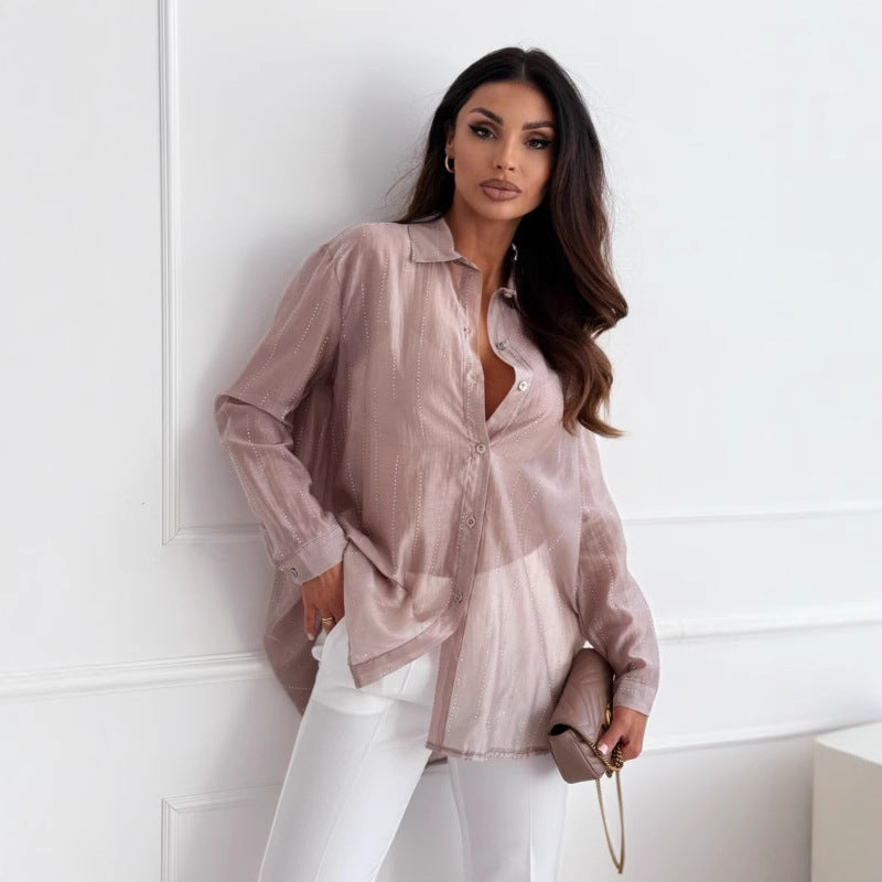 Women's Shirt with Long Sleeves – Oversize Fit – Rhinestones – Light and Breathable