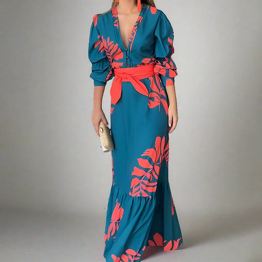 Dress for Women – Maxi Dress with Puff Sleeves – V-Neckline – Belt – Elegant Fit