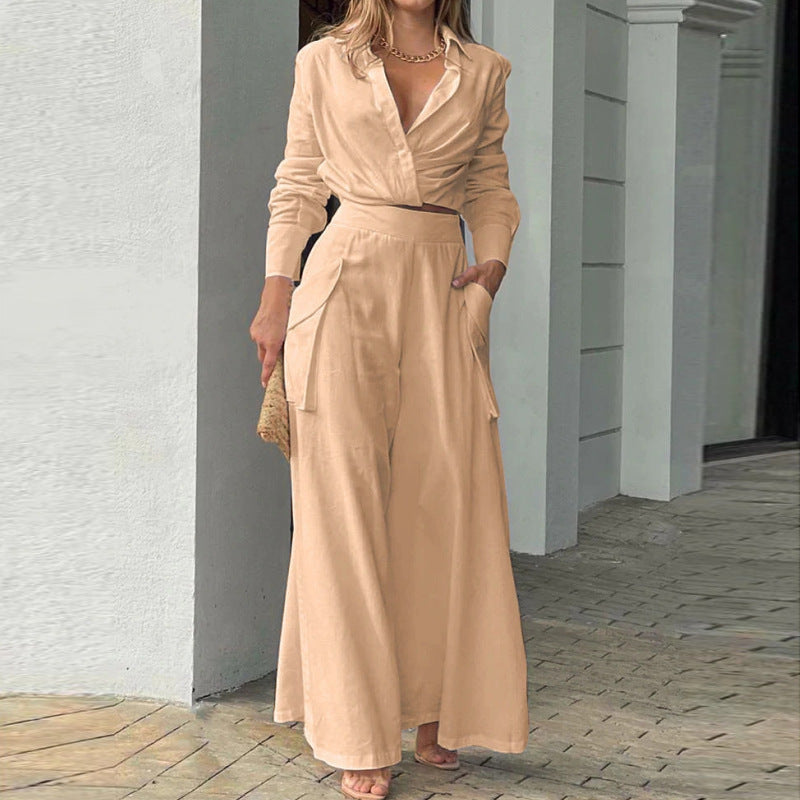 Women's Set – Tailored Blouse with Long Sleeves – High-Waisted Wide Pants – Lightweight Material