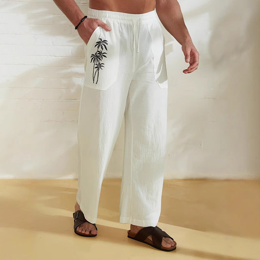 Men's Trousers – Relaxed Fit – Wide Legs – Breathable Comfort – Drawstring Closure – Pocket Print