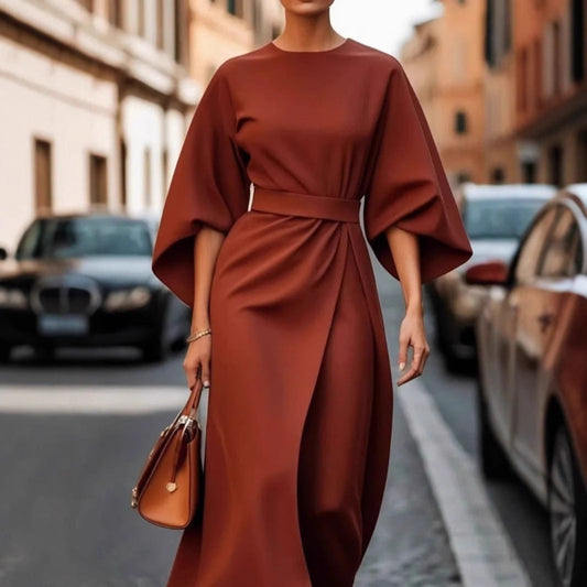 Dress for Women – Long Model – Batwing Sleeves – Draped Fit with Defined Waist