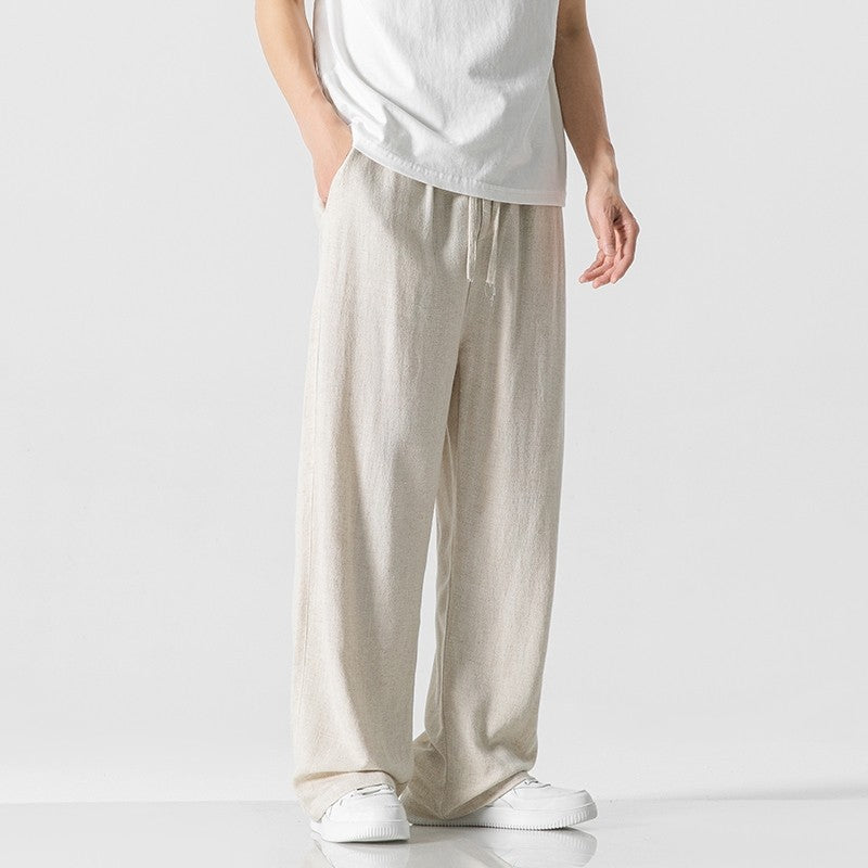 Men's Trousers – Linen Blend – Loose Fit – Full Length – Drawstring Closure