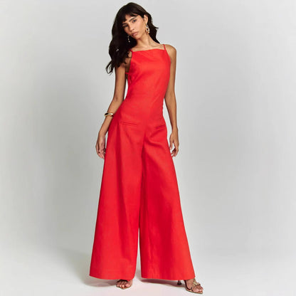 Women's Jumpsuit – Sleeveless – Relaxed Fit – Wide Leg – Cotton Linen Blend