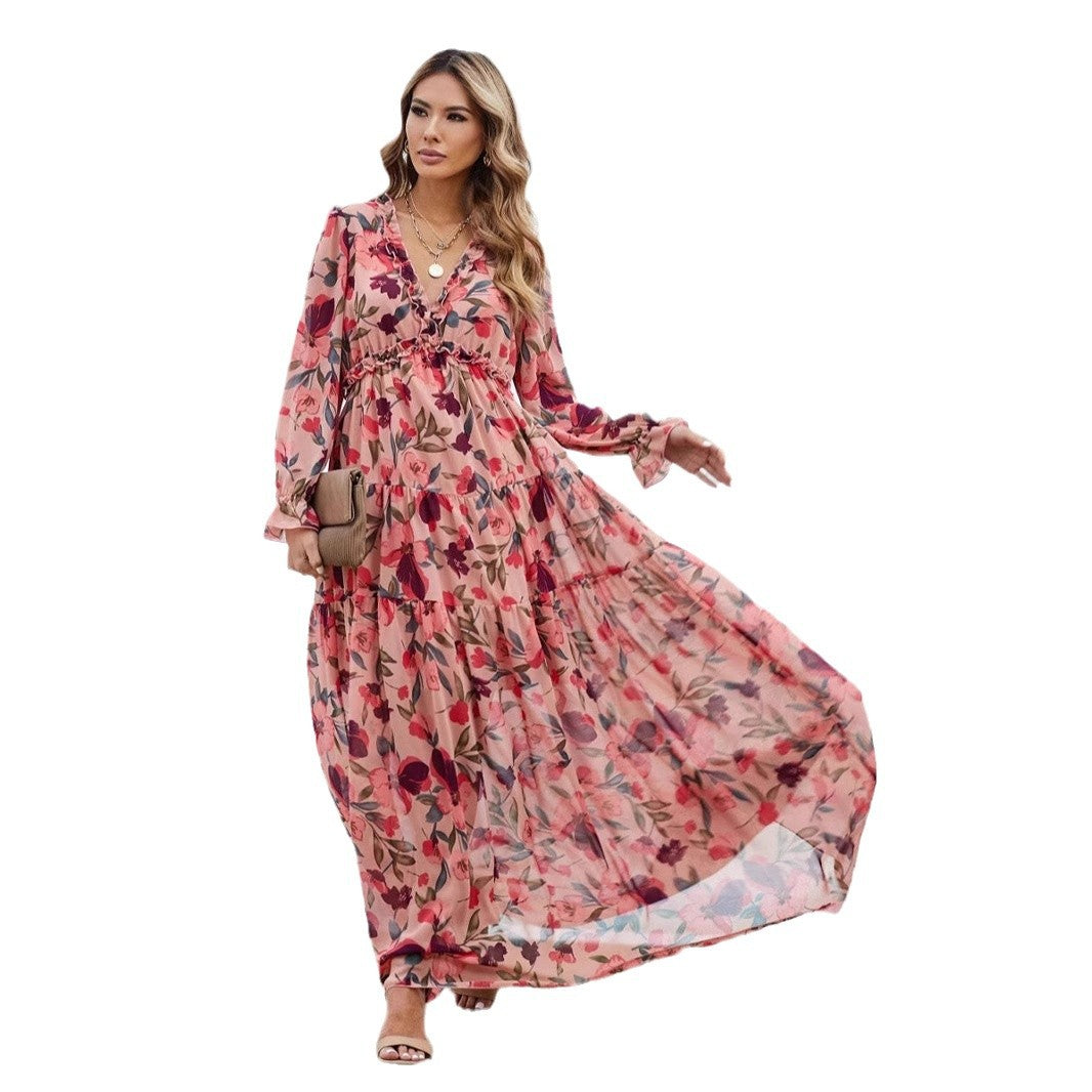Women's Maxi Dress – Chiffon – Bohemian Fit – V-neck – Long Sleeves – Floral Print