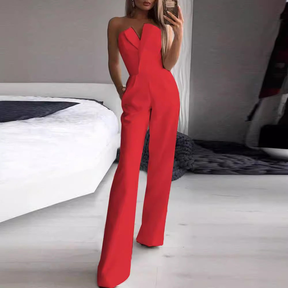 Women's Jumpsuit – Tailored Fit – Strapless Asymmetric Neckline – Wide Leg Elegant Style