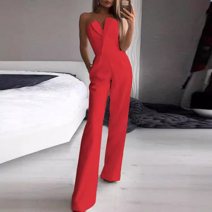 Women's Jumpsuit – Tailored Fit – Strapless Asymmetric Neckline – Wide Leg Elegant Style