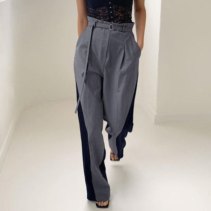 Women's Pants – Wide Leg – High Waist – Belt with Buckle – Color Block Design