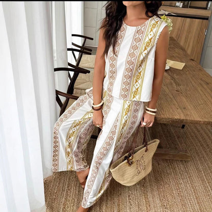 Women's Set with Sleeveless Top and Wide Pants – Relaxed Fit – Geometric Pattern