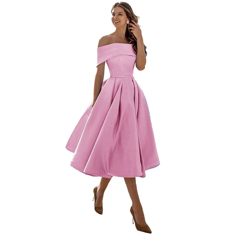 Women's Midi Dress - Elegant Off-Shoulder - Fit & Flare - Formal Party Look