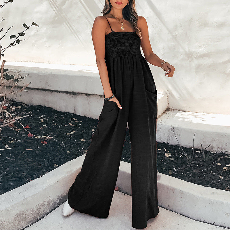 Women's Jumpsuit – Relaxed Fit – Ruched Bodice – Spaghetti Straps – Wide Legs