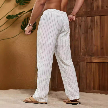 Men's Trousers – Relaxed Fit – Cotton Linen Blend – Striped – Drawstring Closure