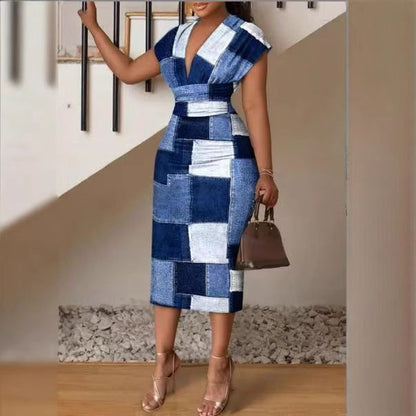Women's Midi Dress – Slim Fit Bodycon – V-Neck Patchwork Denim – Short Sleeves