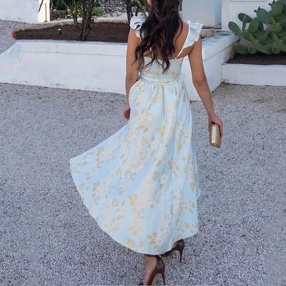 Women's Maxi Dress – Light Cotton – Floral Print – Slit – Tie Straps – A-line Shape