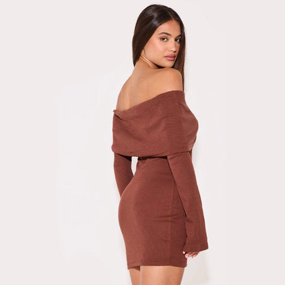 Dress for Women – Off-Shoulder – Slim Fit – Ribbed Knit – A-Line Mini – Long Sleeves