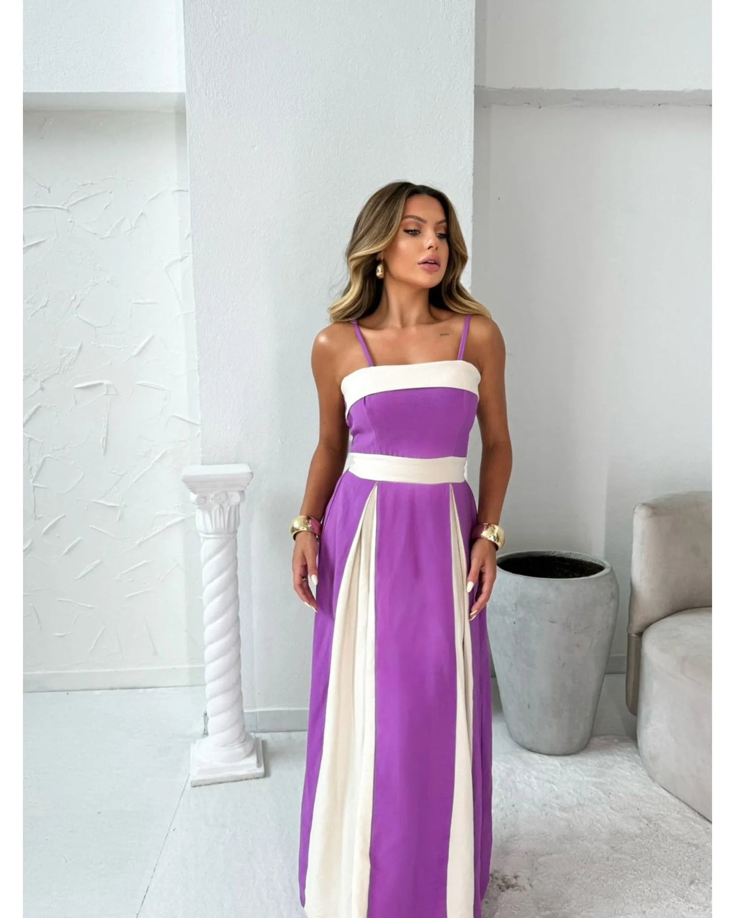 Women's Maxi Dress – High Waist – Slim Fit – Color Block – Elegant Formal Look