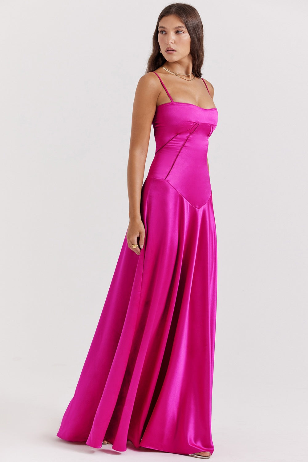 Women's Evening Dress – Satin – A-line Fit – Spaghetti Straps – Cut-out Waist
