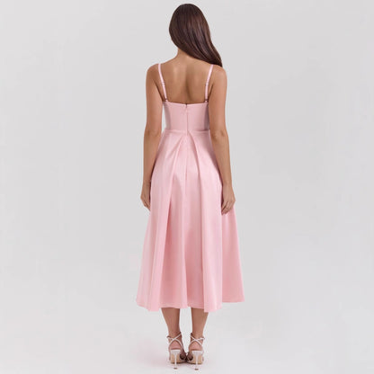 Dress for Women – Satin Look – V-Neck – Spaghetti Straps – A-Line – Midi Length