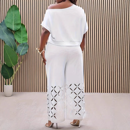 Women’s 2-Piece Set - Asymmetrical Shoulder Top - Wide Leg Pants - Hollow Out Design