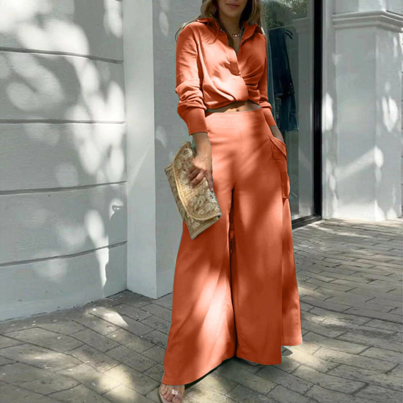 Women's Set – Tailored Blouse with Long Sleeves – High-Waisted Wide Pants – Lightweight Material