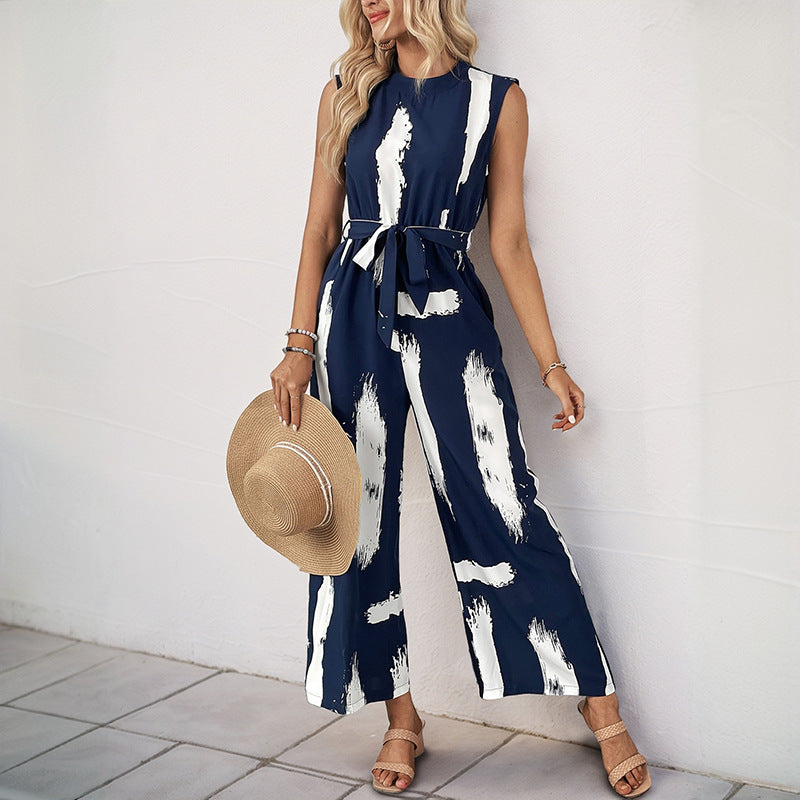 Women's Jumpsuit – Sleeveless – Wide Legs – Lightweight – Tie Belt – Printed Design