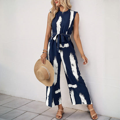 Women's Jumpsuit – Sleeveless – Wide Legs – Lightweight – Tie Belt – Printed Design
