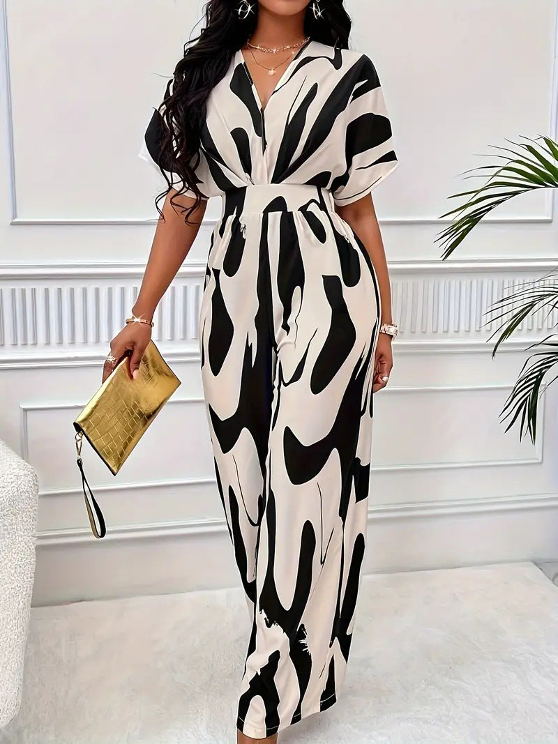 Women's Jumpsuit – Light and Breathable – Short Sleeve – V-Neck – Elastic Waist – Wide Legs