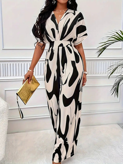 Women's Jumpsuit – Light and Breathable – Short Sleeve – V-Neck – Elastic Waist – Wide Legs