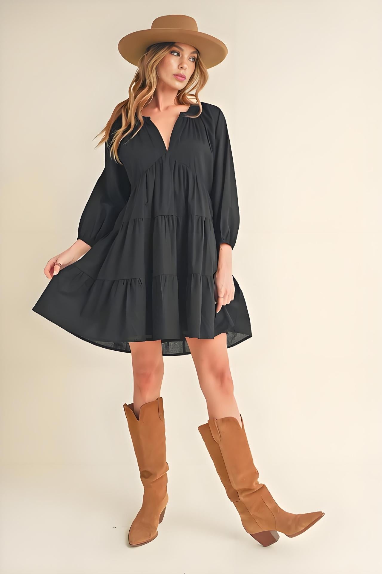Women's Dress – A-line Fit – Cotton – Knee Length – V-neck – 3/4 Sleeves – Layered Design