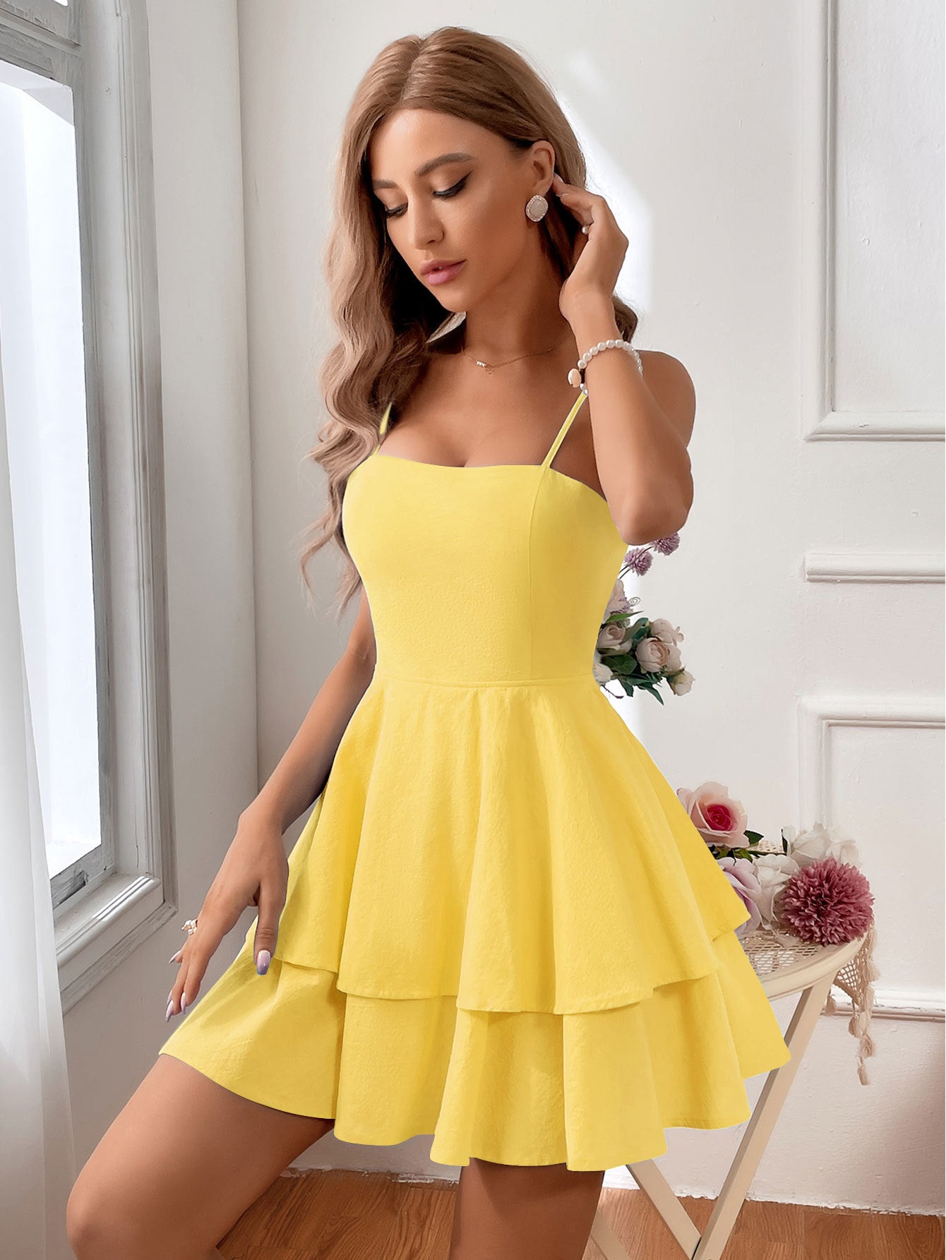 Dress for Women – Sleeveless – Fitted Bodice – Backless – Ruffle Skirt – Spaghetti Straps