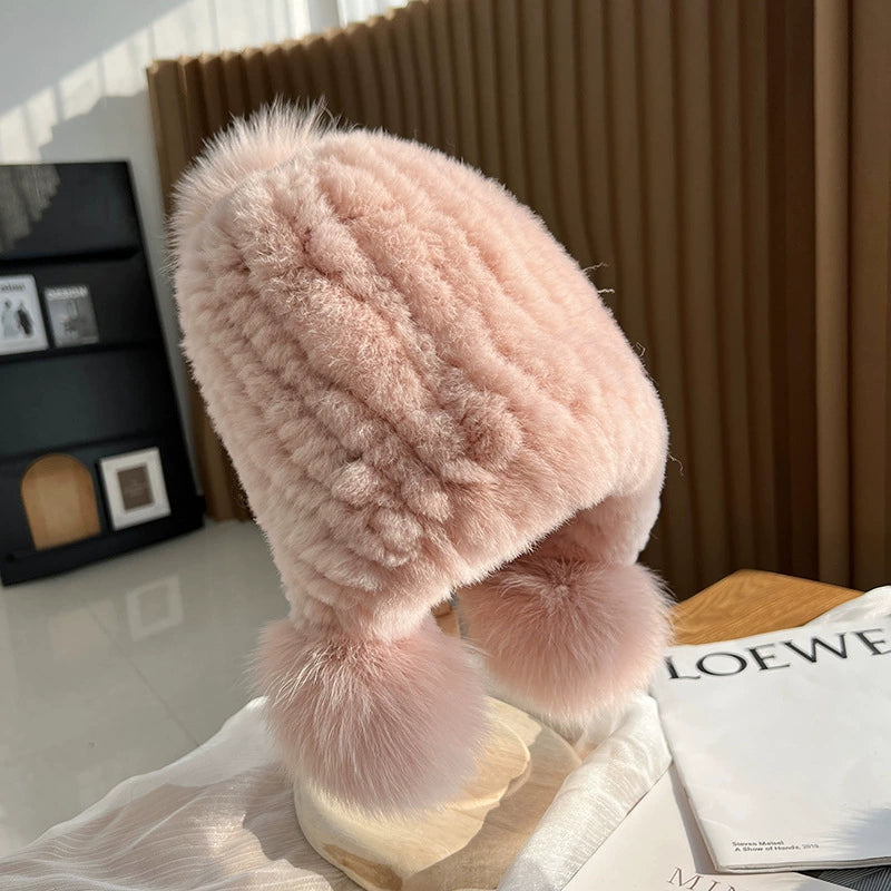 Isla Ribbed Fur Trim Beanie Hat | Pompoms Solid Beanie Hat