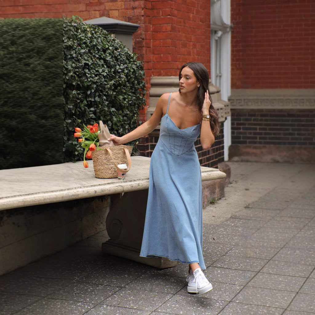 Women's Midi Dress – Slim Fit – Spaghetti Straps – Sweetheart Neckline – Denim Look